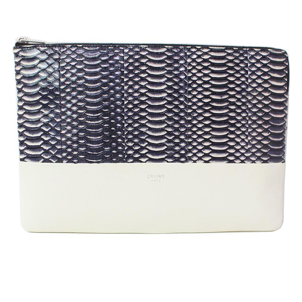 Celine Solo Clutch Pouch Bag two tone lambskin leather snakeskin python white - Picture 1 of 10